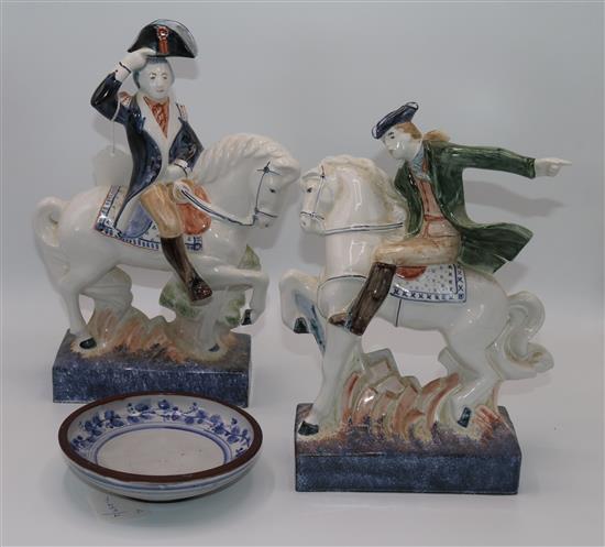 Rye Pottery figure of George Washington, another equestrian figure and a Walter Cole pin dish